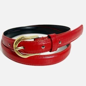Vintage Unbranded Smooth Leather Belt Rounded Buckle Gold Tone Hardware Red 🔴